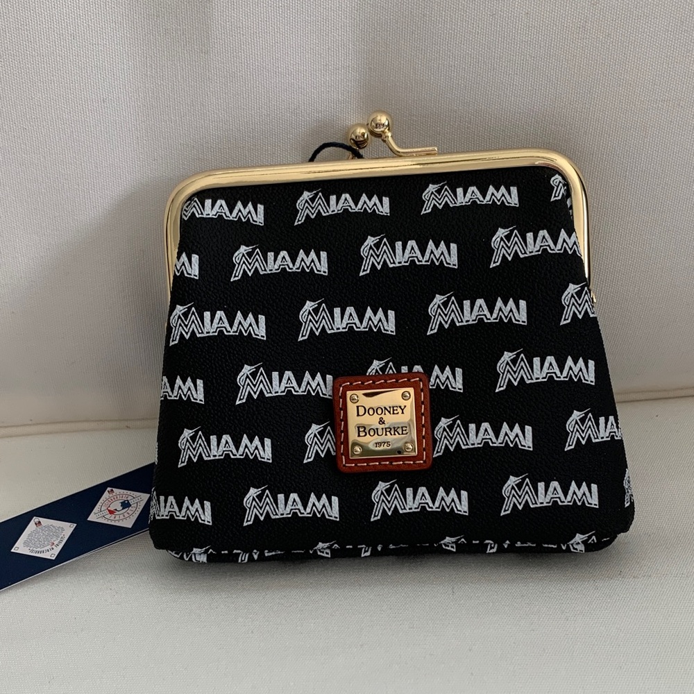NWT - Dooney & Bourke Black and White Miami Team Sport Kisslock Coin Purse